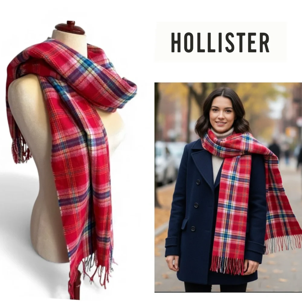 Hollister Red Multi Plaid Long Scarf 27”x70” Large Blanket Scarf Winter Cozy